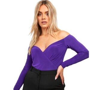 Women’s Plus Size Faux Wrap Long Sleeves Purple Top Off Shoulder Sz 22